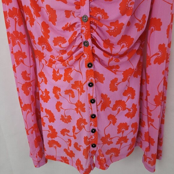FREE PEOPLE Womens Shirt Sz L Lucky Shirtee Sheer Mesh PINK Floral Button Up - Picture 3 of 13